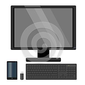 Monitor computer , cell phone , flash card on a white background
