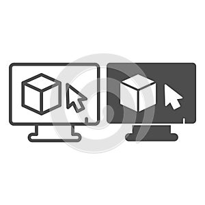 Monitor with 3D square and cursor pointer line and solid icon, architect studio concept. Vector graphics. Display with