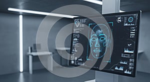 Monitor displaying digital human face with facial recognition interface. Biometric identity scanning concept for security and