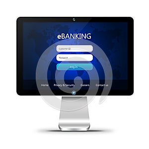 Monitor with ebanking login page over white