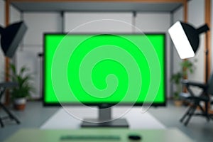 Monitor with Green Screen in Studio Setup for Post-production Editing