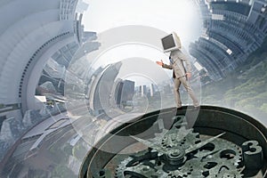 Monitor headed businessman. Mixed media