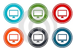 Monitor icon flat vector illustration design round buttons collection 6 concept colorful frame simple circle set