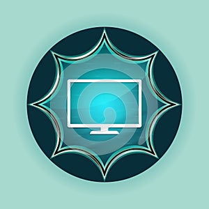 Monitor icon magical glassy sunburst blue button sky blue background