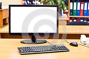 Monitor, keyboard, computer mouse on the office desk