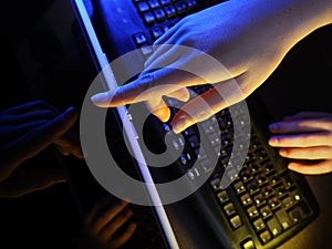 Monitor, keyboard and hands
