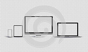 Monitor, laptop, tablet, smartphone, realistic vector set on a transparent background