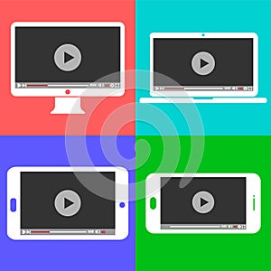 Monitor, laptop, tablet and smartphone video player template. Vector illustration