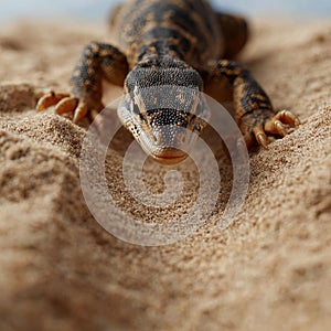 A Monitor Lizard is on the sand, looking at the camera