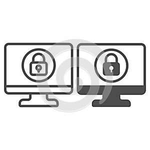 Monitor with lock line and solid icon, data protection concept. Vector graphics. Display, desktop with locked screen