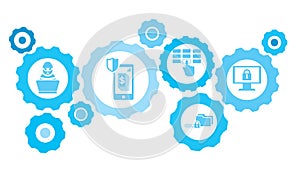 Monitor, lock, security gear blue icon set. Abstract background with connected gears and icons for logistic, service, shipping,