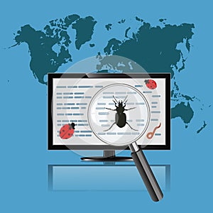 Monitor with magnify glass. Virus concept