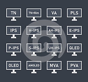 monitor matrix icon set, types of LCD matrices - IPS, VA, TN, OLED