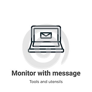 Monitor with message envelopes going out of the screen outline vector icon. Thin line black monitor with message envelopes going