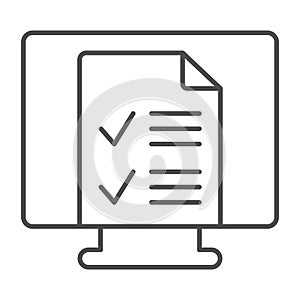 Monitor, monoblock with file document with ticks thin line icon, documents concept, page vector sign on white background