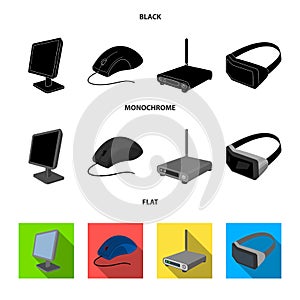 Monitor, mouse and other equipment. Personal computer set collection icons in black, flat, monochrome style vector