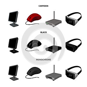 Monitor, mouse and other equipment. Personal computer set collection icons in cartoon,black,monochrome style vector