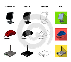 Monitor, mouse and other equipment. Personal computer set collection icons in cartoon,black,outline,flat style vector