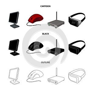 Monitor, mouse and other equipment. Personal computer set collection icons in cartoon,black,outline style vector symbol