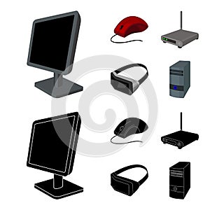 Monitor, mouse and other equipment. Personal computer set collection icons in cartoon,black style vector symbol stock