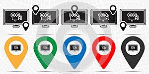 Monitor movie, camera icon in location set. Simple glyph, flat illustration element of cinema theme icons