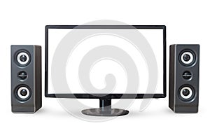 Monitor PC landscape and sound woofer isolated on white background.