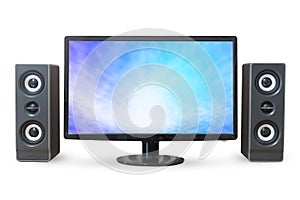 Monitor PC sky landscape and sound woofer isolated on white back photo