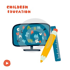 Monitor, pencil, ruler. Child education concept