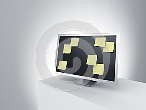 Monitor on a podium with post it notes.