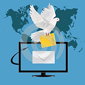 Monitor with postal dove, vector illustration