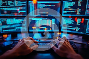 Software developer writing code on laptop in dark office at night