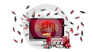 Monitor with red slot machine with jackpot, poker chips and playing cards isolated on white background