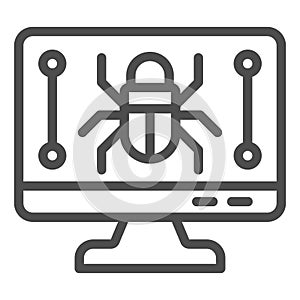 Monitor screen and beetle line icon, hacker attacks concept. Vector graphics. Display with bug, computer virus sign on