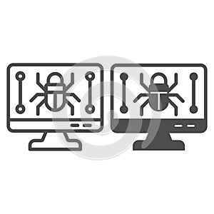 Monitor screen and beetle line and solid icon, hacker attacks concept. Vector graphics. Display with bug, computer virus