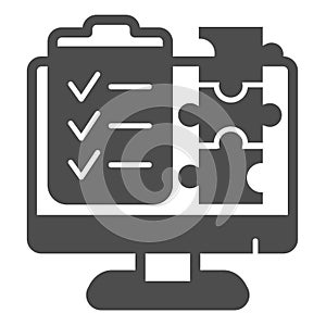 Monitor screen with checklist of puzzle pieces solid icon, data hoarding concept. Vector graphics. Content creation list
