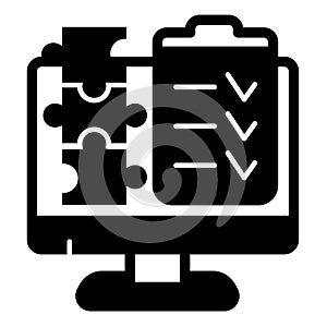 Monitor screen with checklist of puzzle pieces solid icon, data hoarding concept. Vector graphics. Content creation list