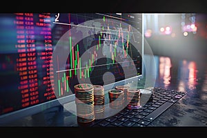 Monitor screen shows fluctuating currency exchange rates in stock market