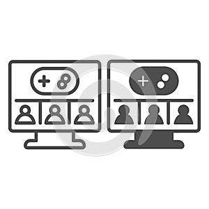Monitor screen with users and joystick line and solid icon, neural dataset concept. Vector graphics. Display and