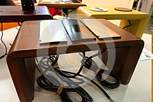 Monitor table with built-in communications for connecting wires and connectors