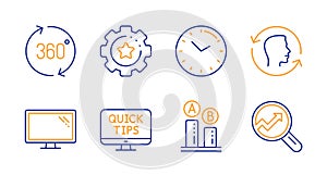 Monitor, Time and Web tutorials icons set. 360 degrees, Ab testing and Face id signs. Vector
