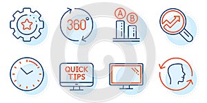 Monitor, Time and Web tutorials icons set. 360 degrees, Ab testing and Face id signs. Vector
