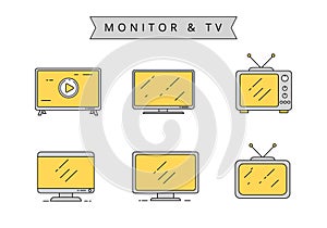Monitor and tv icons draw in filled line design