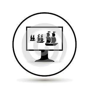 In the monitor, the TV image of a sailing ship. Vector illustration on white background