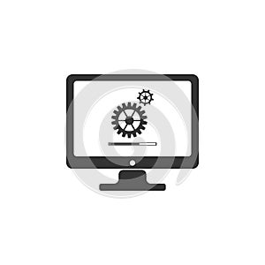 Monitor update process with gearbox progress and loading bar icon isolated. Computer display. System software update