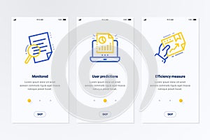 Monitored, User predictions, Efficiency measure Vertical Cards with strong metaphors.