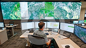 Monitoring center operator working with data analysis on multiple computer screens display system