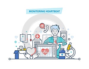 Monitoring heartbeat. Service, healthcare. Computer medical diagnostics, remote medical aid.