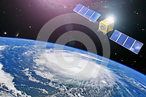 Monitoring hurricane. Satellite above the Earth makes measurements of the weather parameters and movement trajectory. Elements of