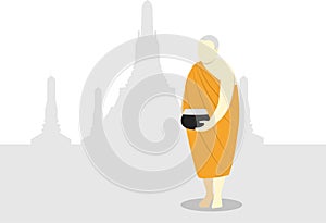 Buddhist Monk with Alms Bowl at Thai Temple Silhouette in background. Concept for religion and buddhism.