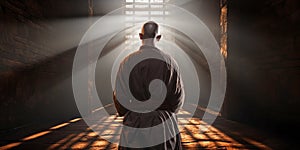 monk in a dark room, meditating and seeking spiritual enlightenment with his back turned